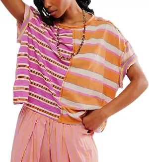 Boxy Tee Shirts for Women Oversized Striped T Shirt Color Block Short Sleeve Crew Neck Loose Pullover Tops