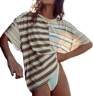 Boxy Tee Shirts for Women Oversized Striped T Shirt Color Block Short Sleeve Crew Neck Loose Pullover Tops