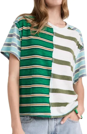 Boxy Tee Shirts for Women Oversized Striped T Shirt Color Block Short Sleeve Crew Neck Loose Pullover Tops