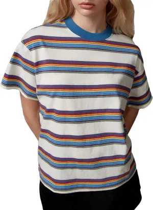 Boxy Tee Shirts for Women Oversized Striped T Shirt Color Block Short Sleeve Crew Neck Loose Pullover Tops