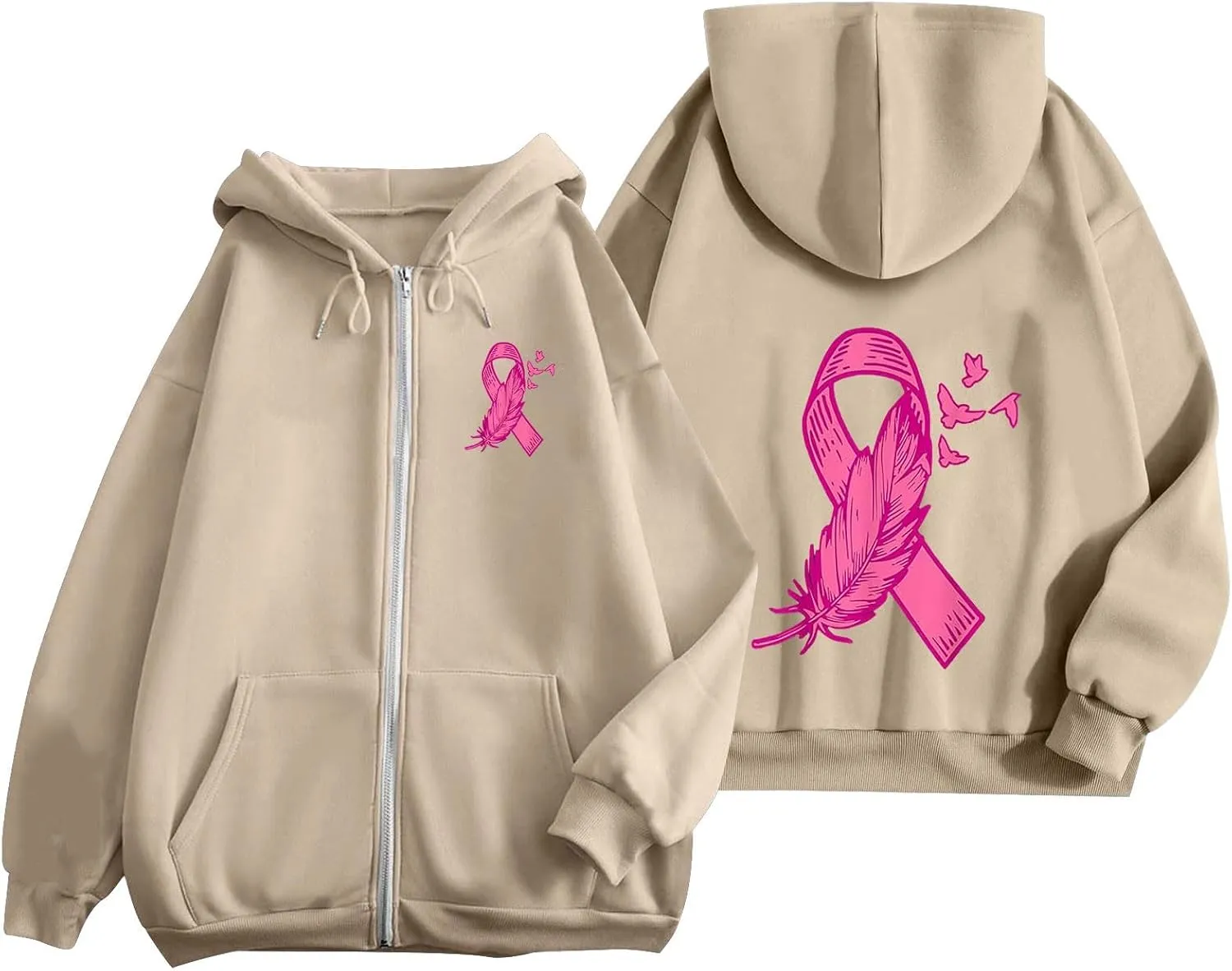 Breast Cancer Awareness Hoodies for Women Pink Ribbon Heart Graphic Sweatshirts Oversized Zip Up Hooded Tops