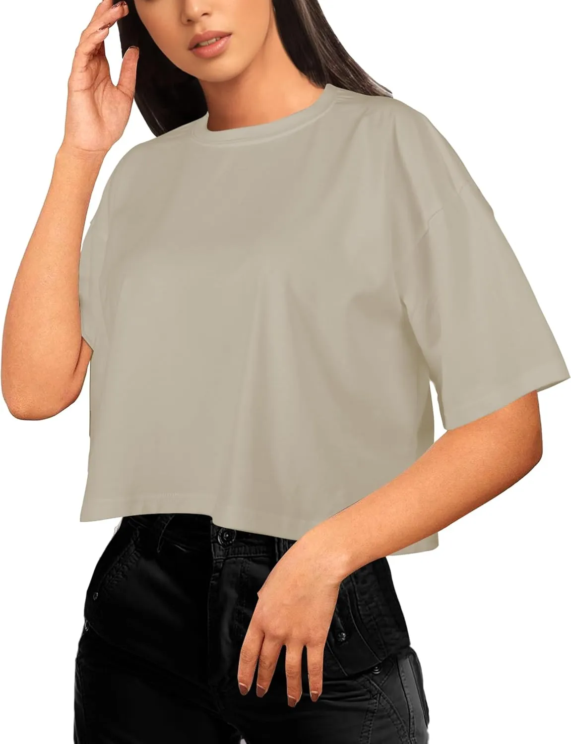 Buauty Womens Oversized Crop Tops, Short Sleeve Workout T-Shirt, Basic Drop Shoulder Boxy Tees, Summer Casual Athletic Shirts
