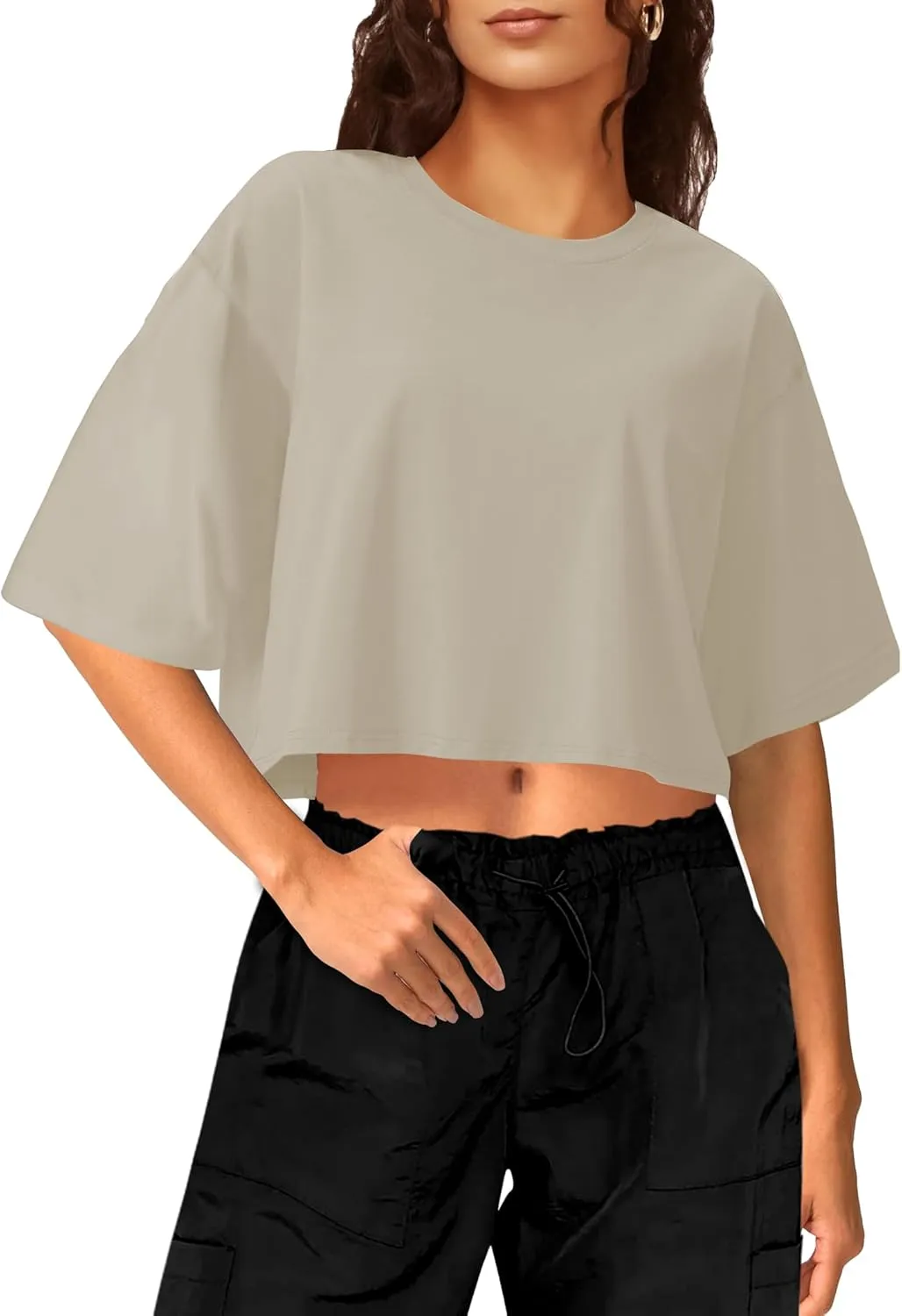 Buauty Womens Oversized Crop Tops, Short Sleeve Workout T-Shirt, Basic Drop Shoulder Boxy Tees, Summer Casual Athletic Shirts