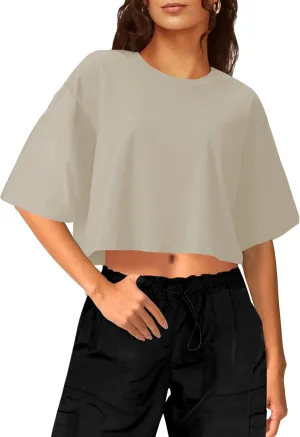Buauty Womens Oversized Crop Tops, Short Sleeve Workout T-Shirt, Basic Drop Shoulder Boxy Tees, Summer Casual Athletic Shirts