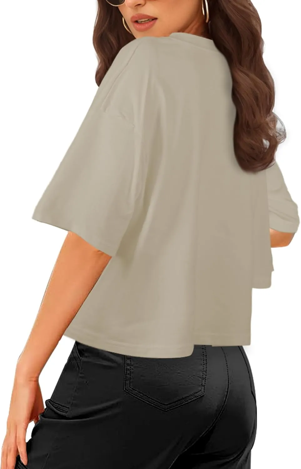 Buauty Womens Oversized Crop Tops, Short Sleeve Workout T-Shirt, Basic Drop Shoulder Boxy Tees, Summer Casual Athletic Shirts