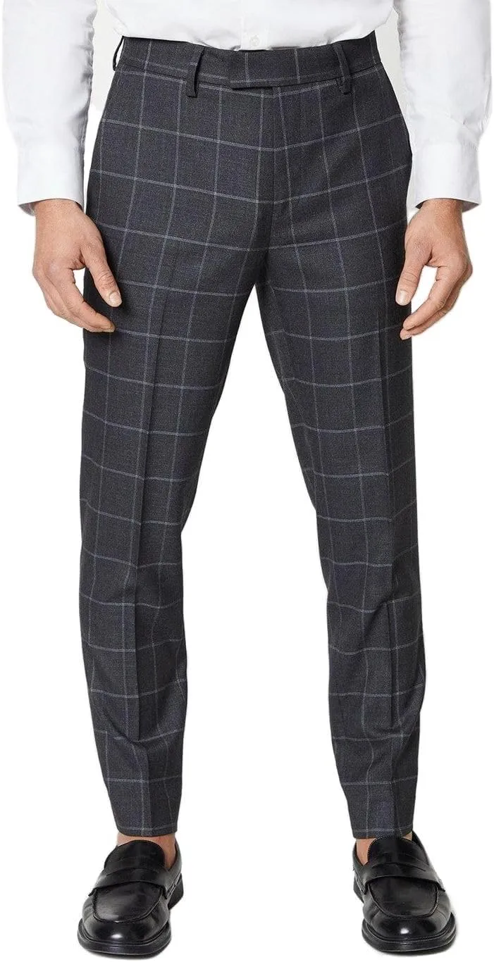 Burton Mens Windowpane Check Slim Tailored Suit Trousers (28S) (Charcoal)