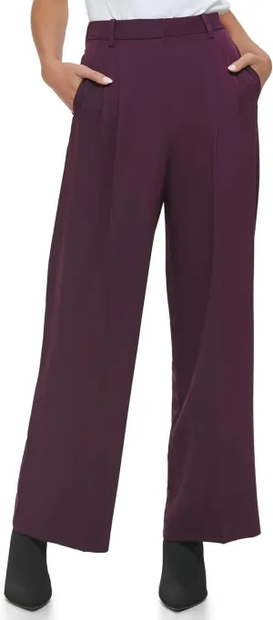 Calvin Klein Women's Misses Solid Crepe Pleated Straight Leg Pant (Standard and Plus Size)