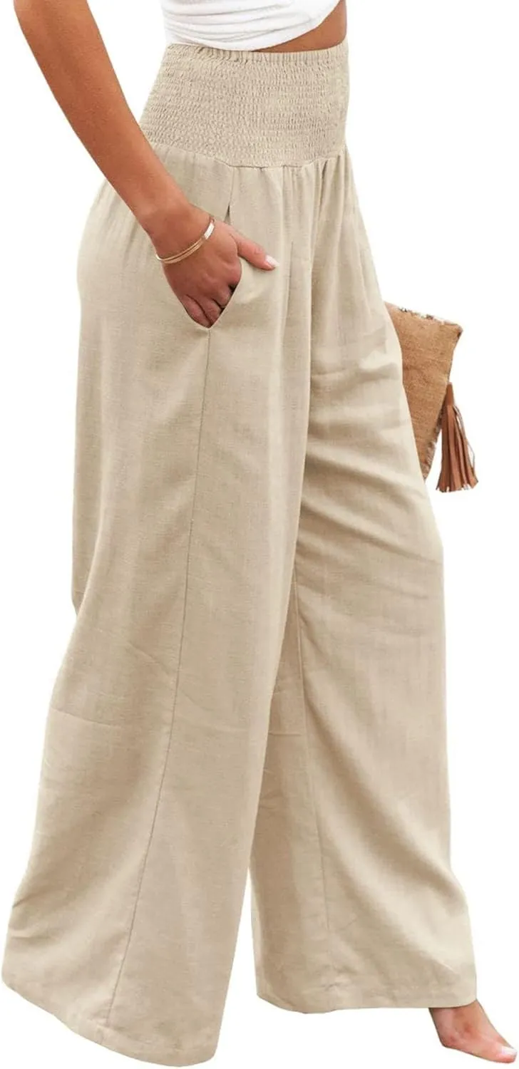 Canbebig Womens Linen Pants Boho Wide Leg High Waist Palazzo Pants Casual Smocked Waisted Pants Lounge Trousers with Pockets