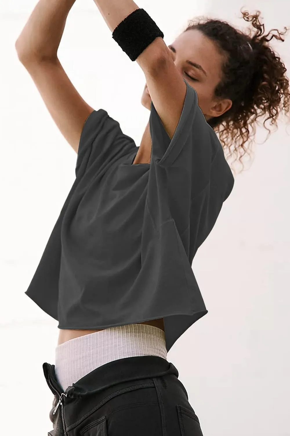Carpetcom Oversized Workout Shirts for Women Short Sleeve Drop Shoulder Casual Crop Tops Baggy Gym Yoga Athletic Tee