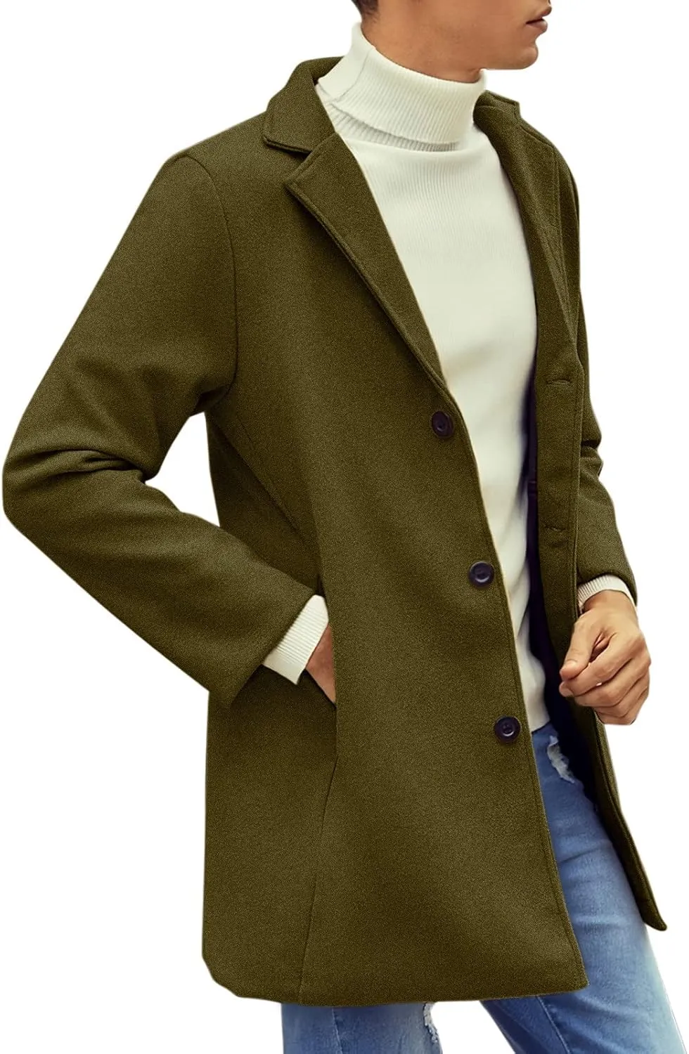 Casual Pea Coat for Men Notched Lapel Trench Coat Single Breasted Solid Overcoat Big and Tall Long Jacket Classic Coat