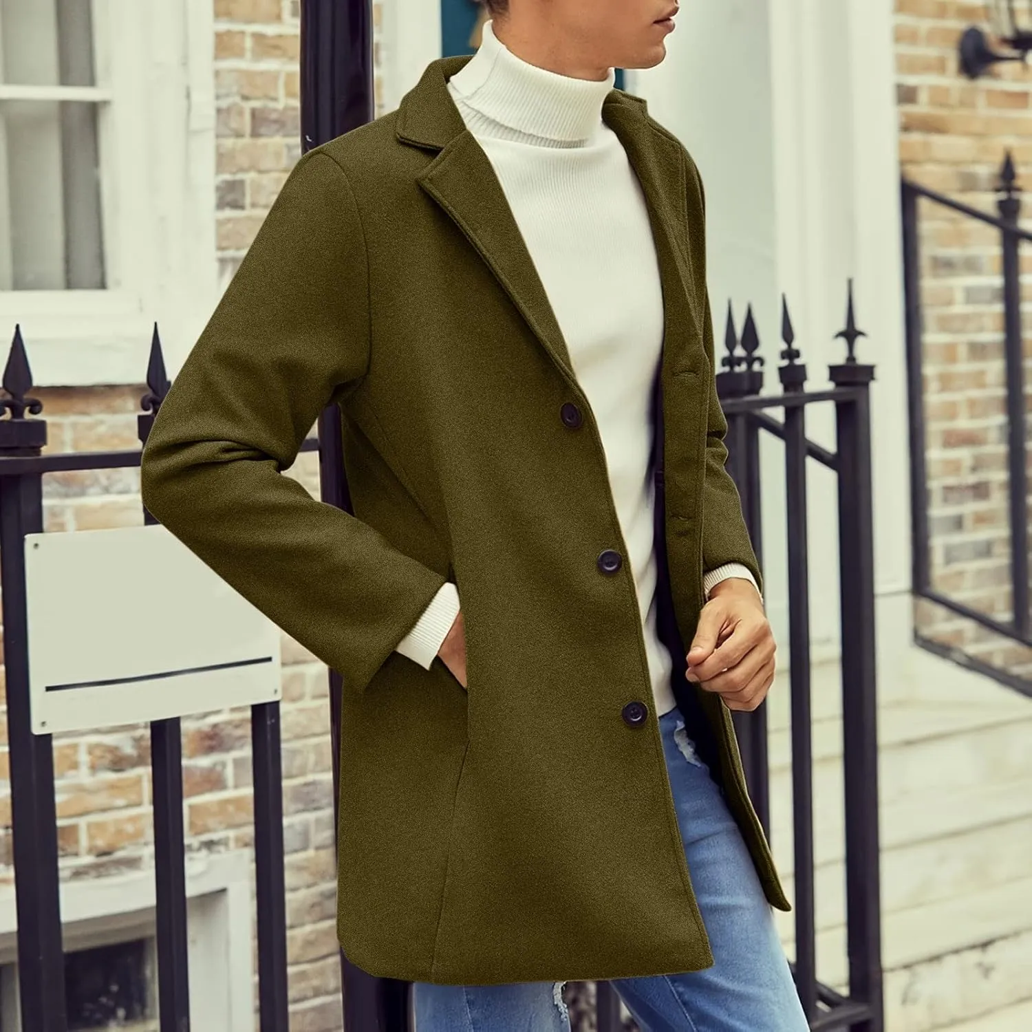 Casual Pea Coat for Men Notched Lapel Trench Coat Single Breasted Solid Overcoat Big and Tall Long Jacket Classic Coat