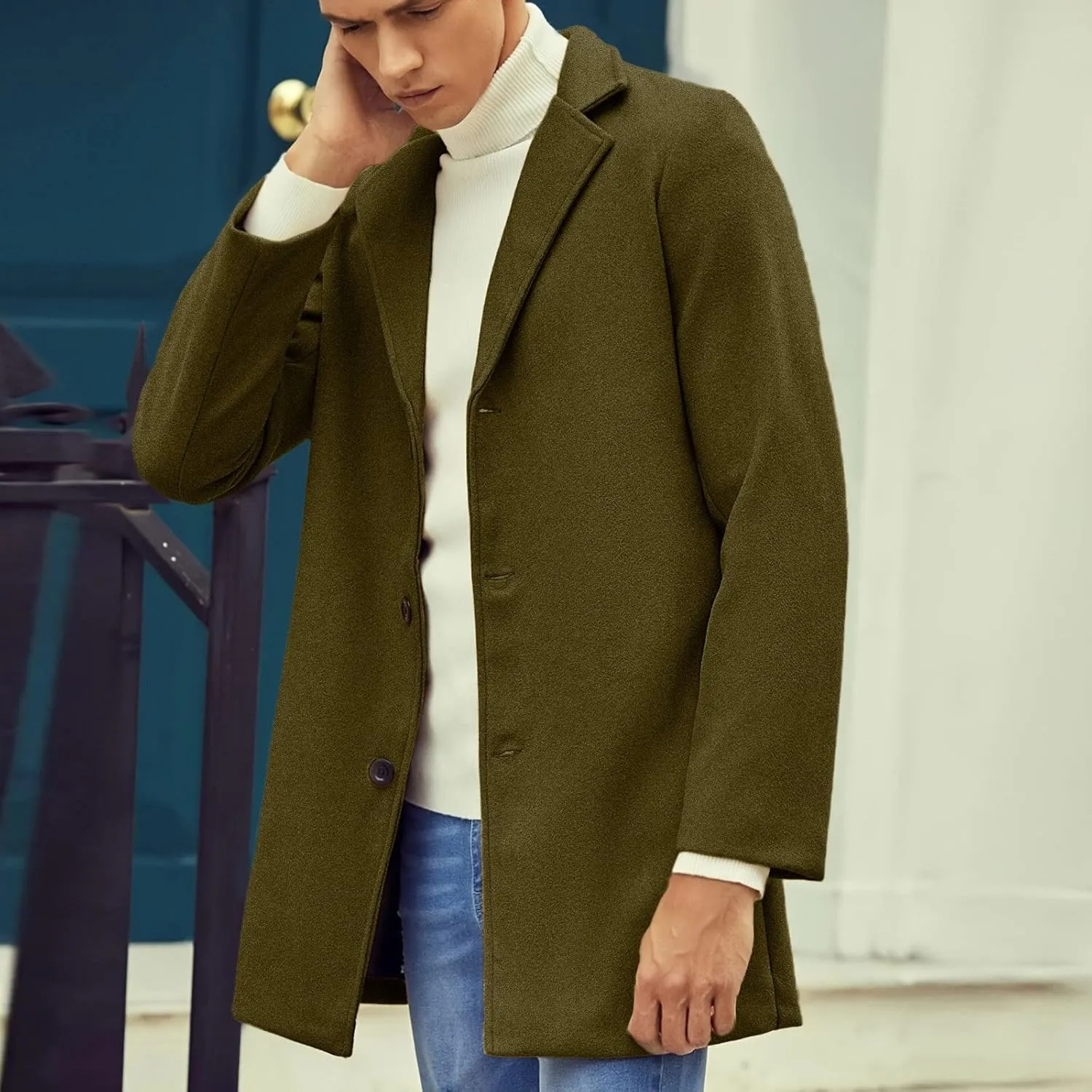 Casual Pea Coat for Men Notched Lapel Trench Coat Single Breasted Solid Overcoat Big and Tall Long Jacket Classic Coat