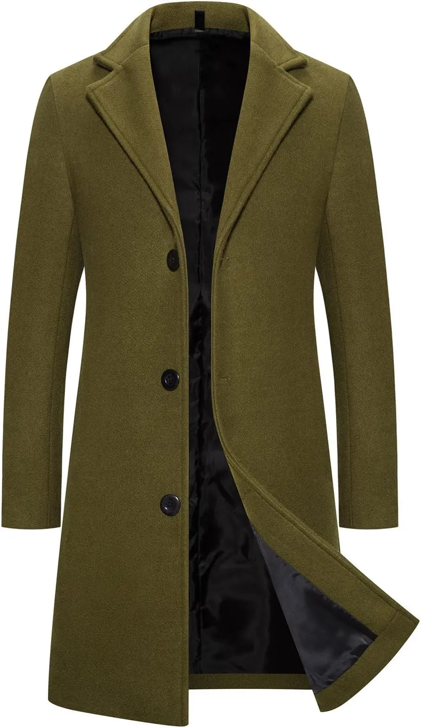 Casual Pea Coat for Men Notched Lapel Trench Coat Single Breasted Solid Overcoat Big and Tall Long Jacket Classic Coat