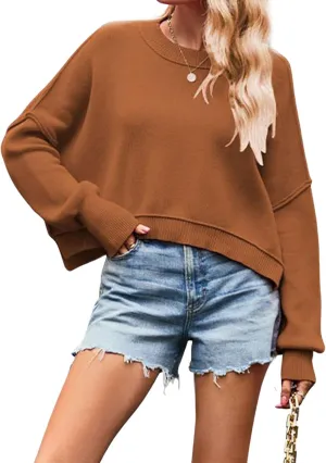 CHARTOU Women Loose Crew Neck Cable Knit Sweater Fall Ribbed Long Sleeve Knitted Sweater Pullover Jumper
