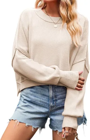 CHARTOU Women Loose Crew Neck Cable Knit Sweater Fall Ribbed Long Sleeve Knitted Sweater Pullover Jumper