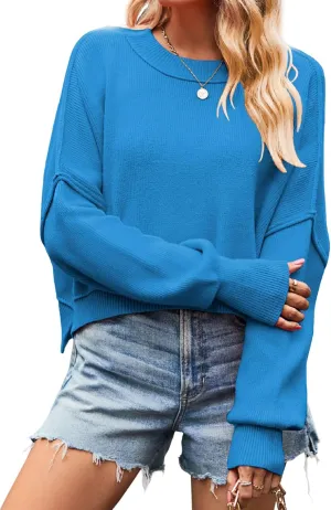 CHARTOU Women Loose Crew Neck Cable Knit Sweater Fall Ribbed Long Sleeve Knitted Sweater Pullover Jumper