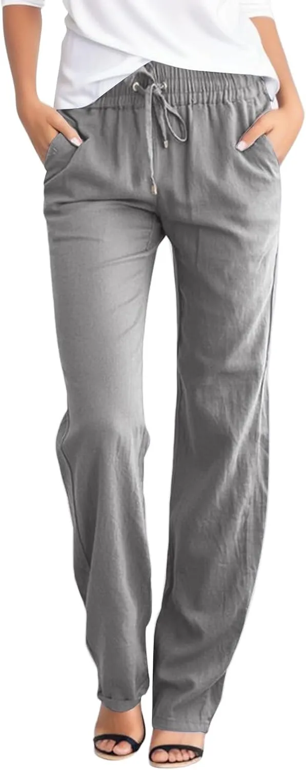 Cotton Linen Pants Womens Casual Long Trousers Lightweight High Waist Summer Pant Straight Leg Trouser Drawstring