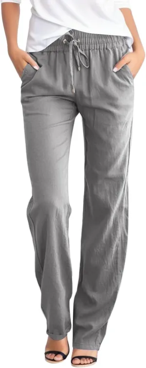 Cotton Linen Pants Womens Casual Long Trousers Lightweight High Waist Summer Pant Straight Leg Trouser Drawstring