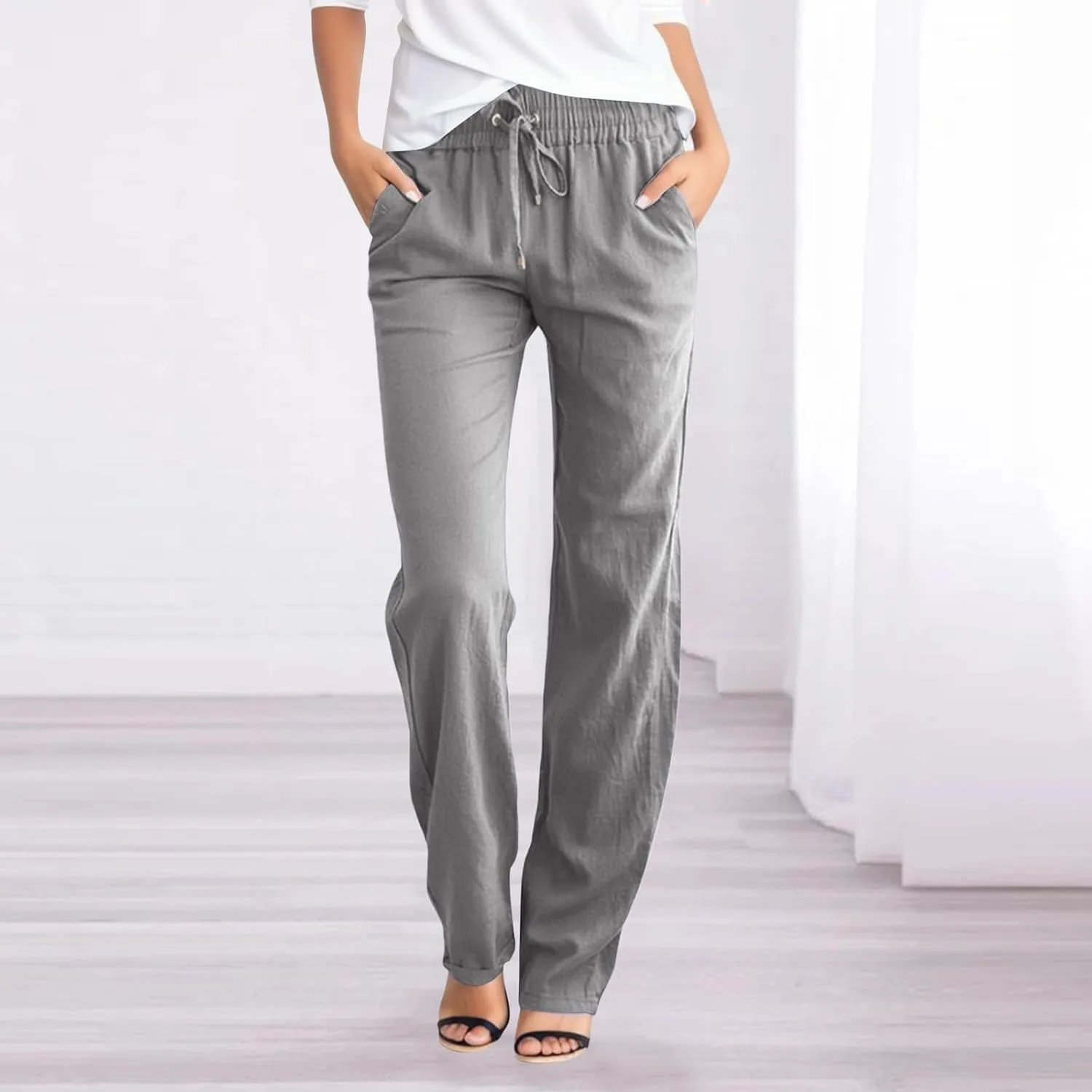 Cotton Linen Pants Womens Casual Long Trousers Lightweight High Waist Summer Pant Straight Leg Trouser Drawstring