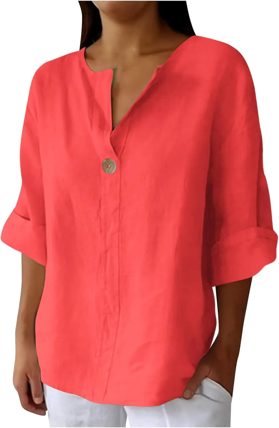 Cotton Linen Tops for Women 3/4 Sleeve Shirts Plus Size Causal V Neck Tees Loose Fit Shirts 2025 Summer Tunic Tops