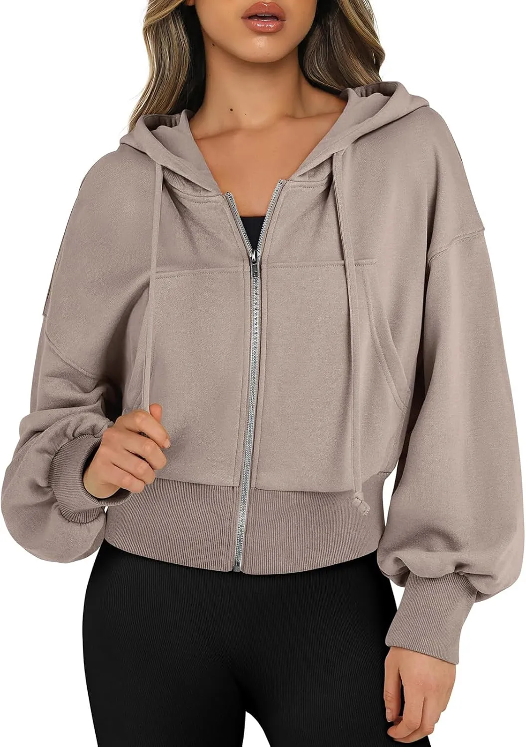 Cropped hoodie women 2024 Zip Up Hoodies Cropped Sweatshirts Fall Outfits Casual Hooded Tops-A