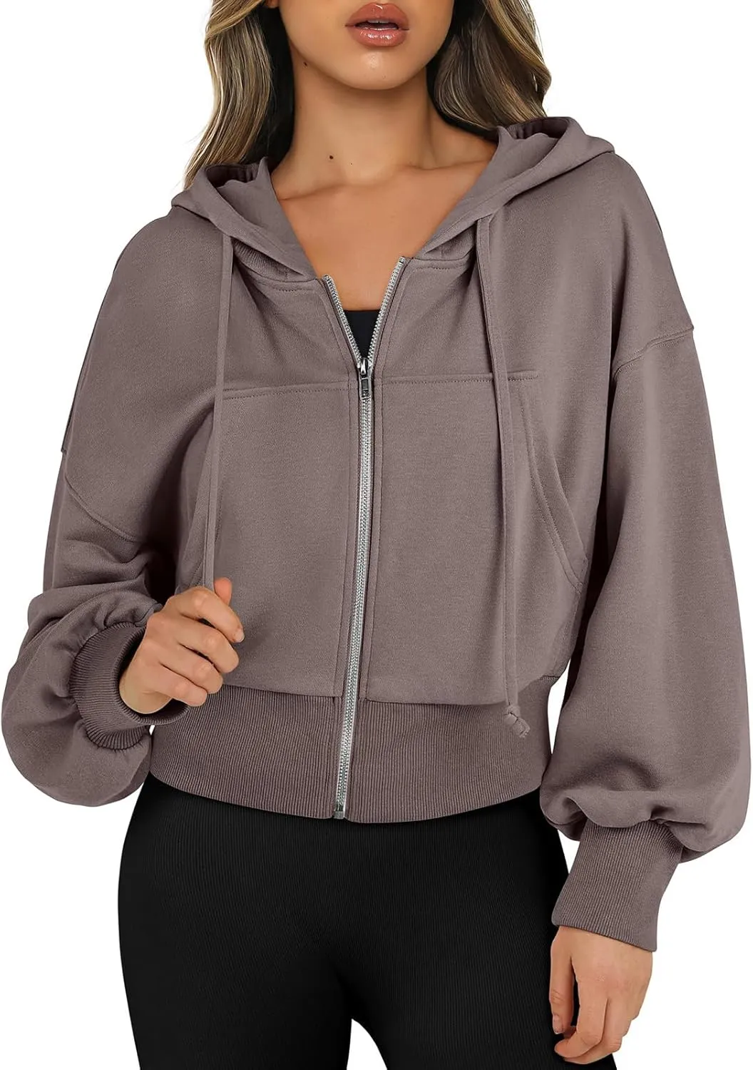 Cropped hoodie women 2024 Zip Up Hoodies Cropped Sweatshirts Fall Outfits Casual Hooded Tops-A