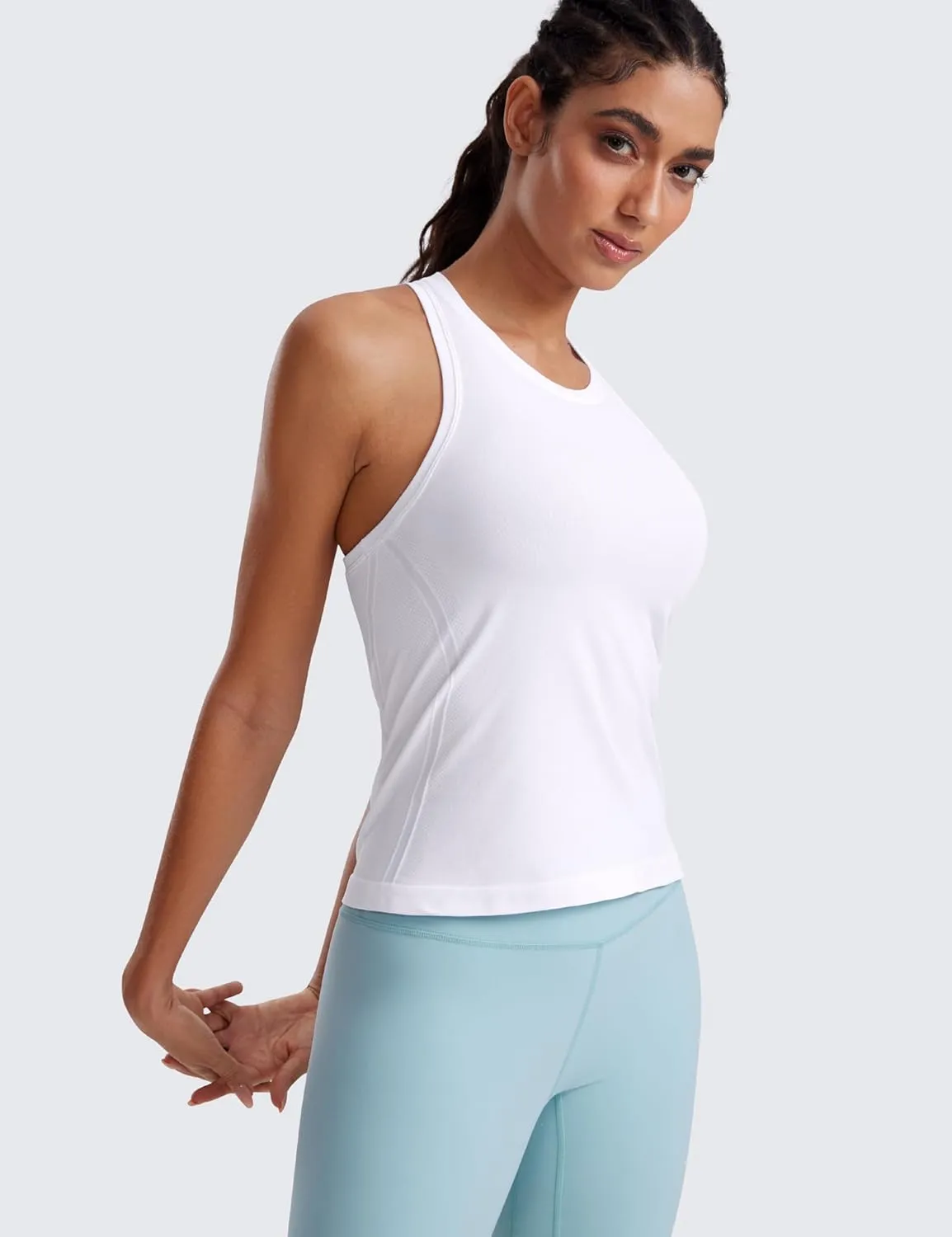 CRZ YOGA Seamless Womens Breathable Workout Tank Tops Racerback High Neck Sleeveless Running Athletic Shirts