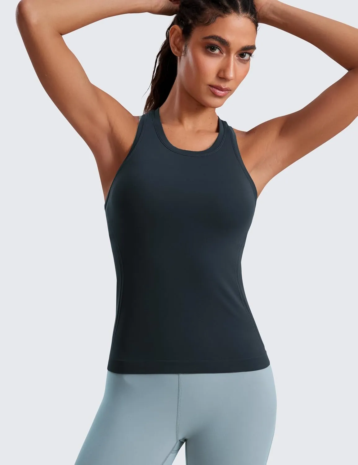 CRZ YOGA Seamless Womens Breathable Workout Tank Tops Racerback High Neck Sleeveless Running Athletic Shirts