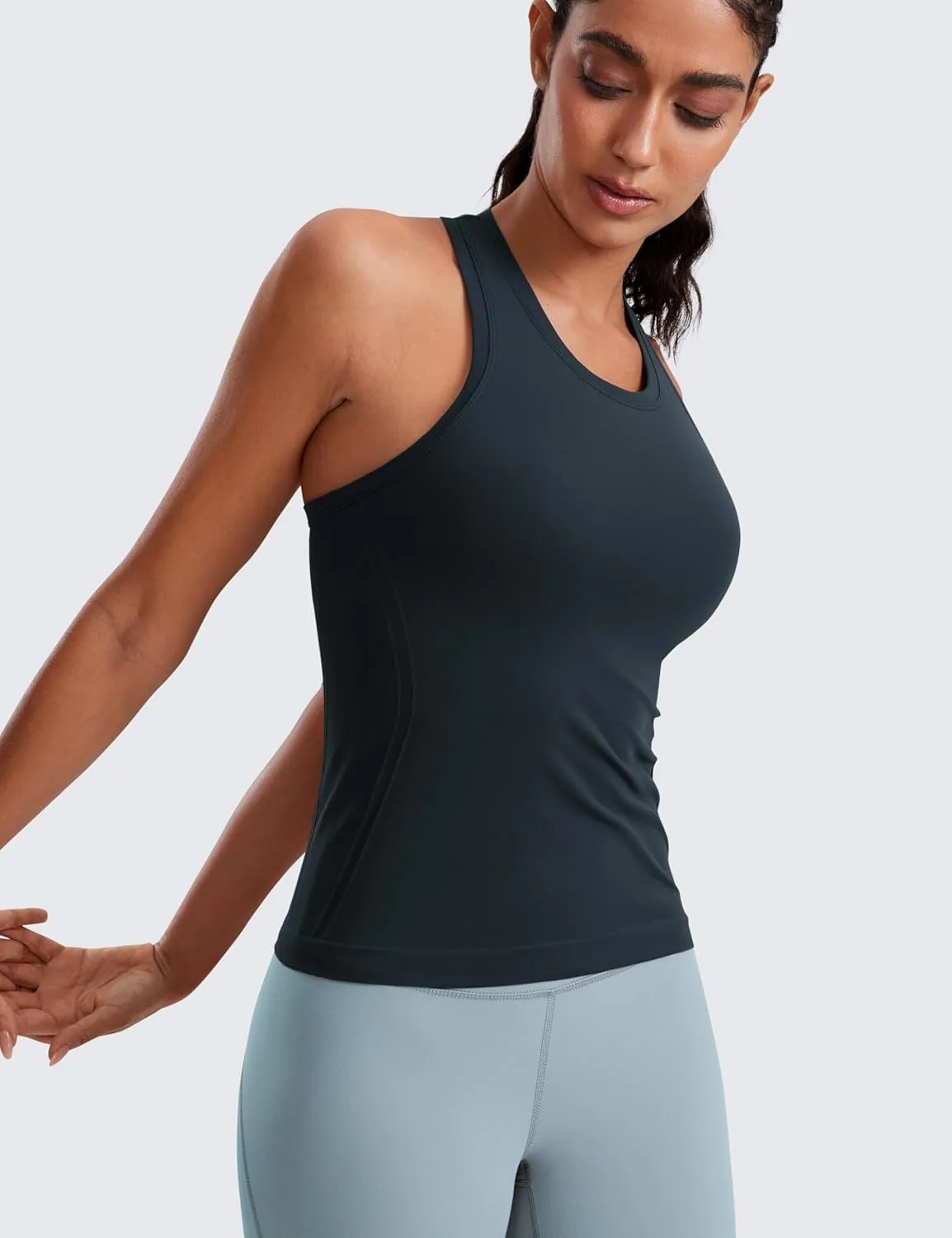 CRZ YOGA Seamless Womens Breathable Workout Tank Tops Racerback High Neck Sleeveless Running Athletic Shirts