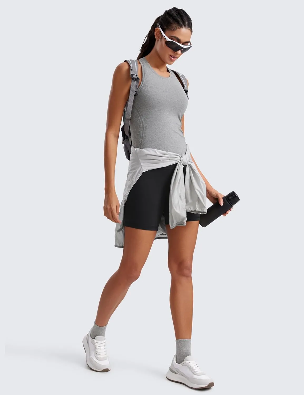 CRZ YOGA Seamless Womens Breathable Workout Tank Tops Racerback High Neck Sleeveless Running Athletic Shirts