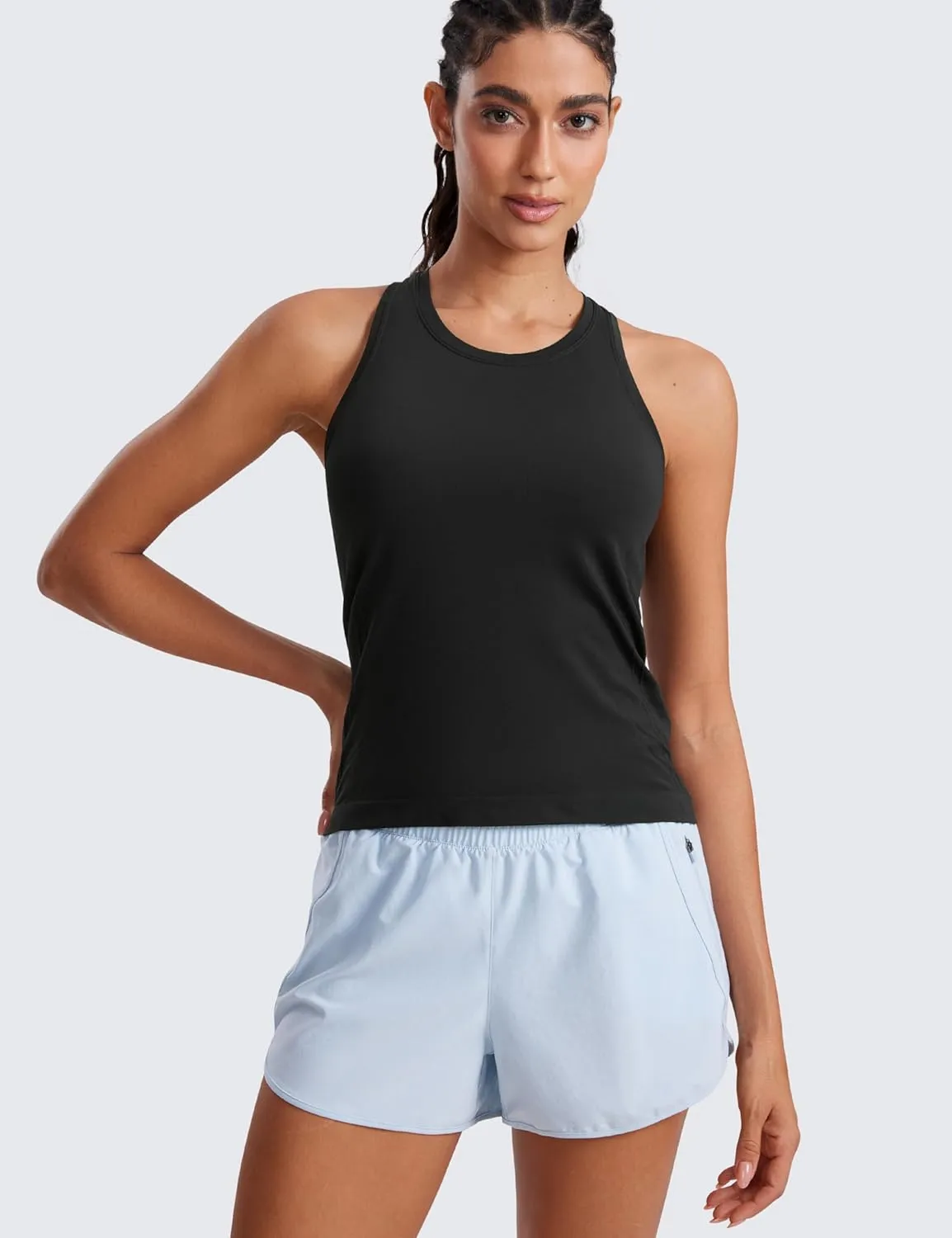 CRZ YOGA Seamless Womens Breathable Workout Tank Tops Racerback High Neck Sleeveless Running Athletic Shirts