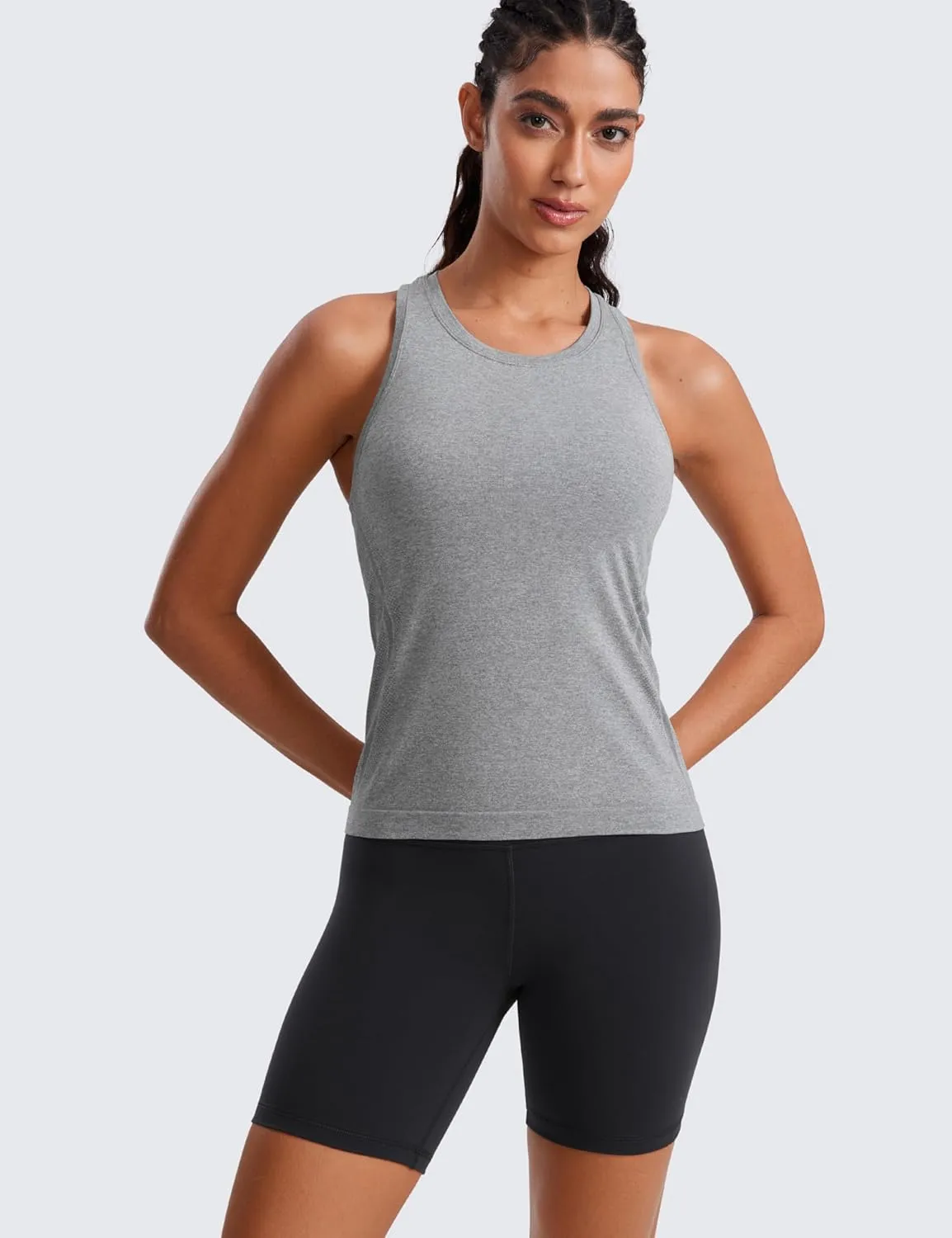 CRZ YOGA Seamless Womens Breathable Workout Tank Tops Racerback High Neck Sleeveless Running Athletic Shirts