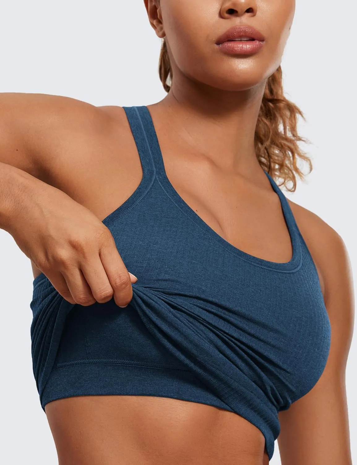 CRZ YOGA Womens Seamless Ribbed Racerback Tank Tops with Built in Bra - Padded Scoop Neck Slimming Athletic Long Camisole