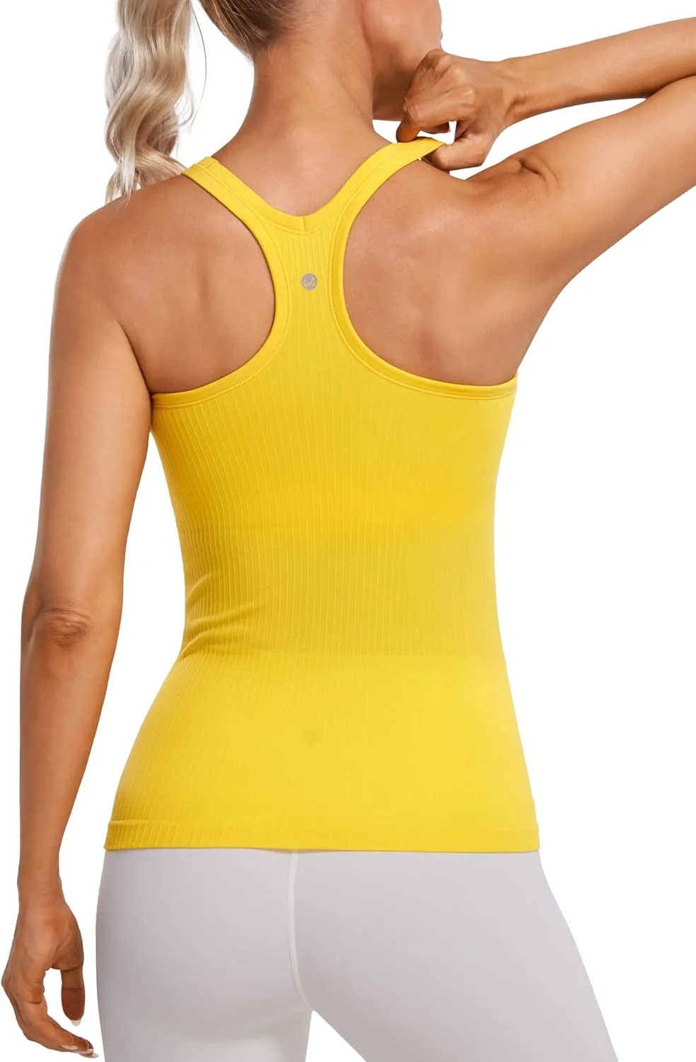 CRZ YOGA Womens Seamless Ribbed Racerback Tank Tops with Built in Bra - Padded Scoop Neck Slimming Athletic Long Camisole