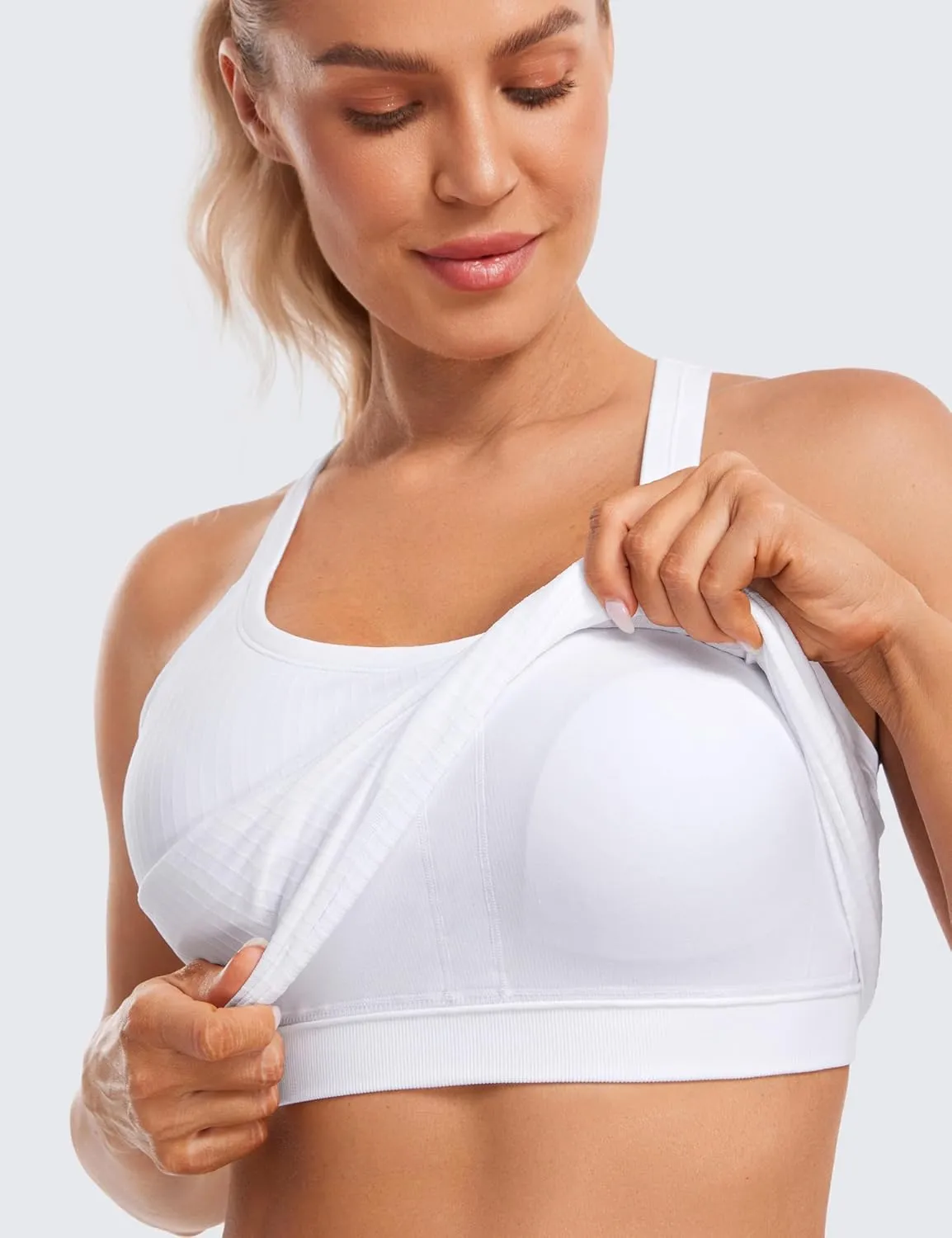 CRZ YOGA Womens Seamless Ribbed Racerback Tank Tops with Built in Bra - Padded Scoop Neck Slimming Athletic Long Camisole