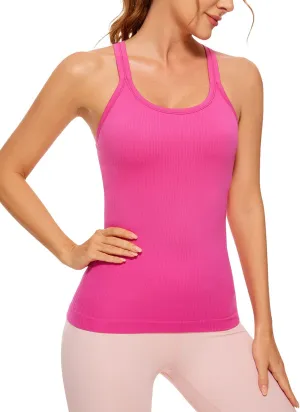 CRZ YOGA Womens Seamless Ribbed Racerback Tank Tops with Built in Bra - Padded Scoop Neck Slimming Athletic Long Camisole