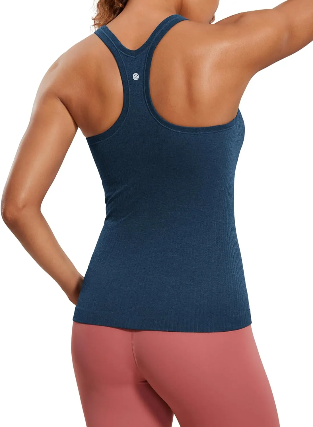 CRZ YOGA Womens Seamless Ribbed Racerback Tank Tops with Built in Bra - Padded Scoop Neck Slimming Athletic Long Camisole