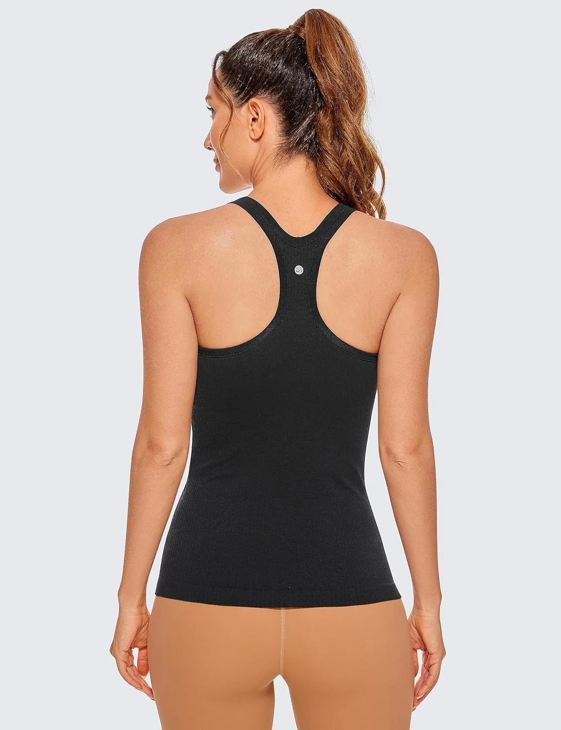 CRZ YOGA Womens Seamless Ribbed Racerback Tank Tops with Built in Bra - Padded Scoop Neck Slimming Athletic Long Camisole