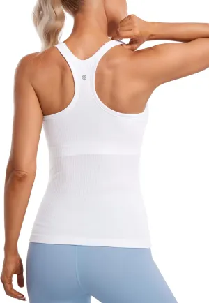 CRZ YOGA Womens Seamless Ribbed Racerback Tank Tops with Built in Bra - Padded Scoop Neck Slimming Athletic Long Camisole