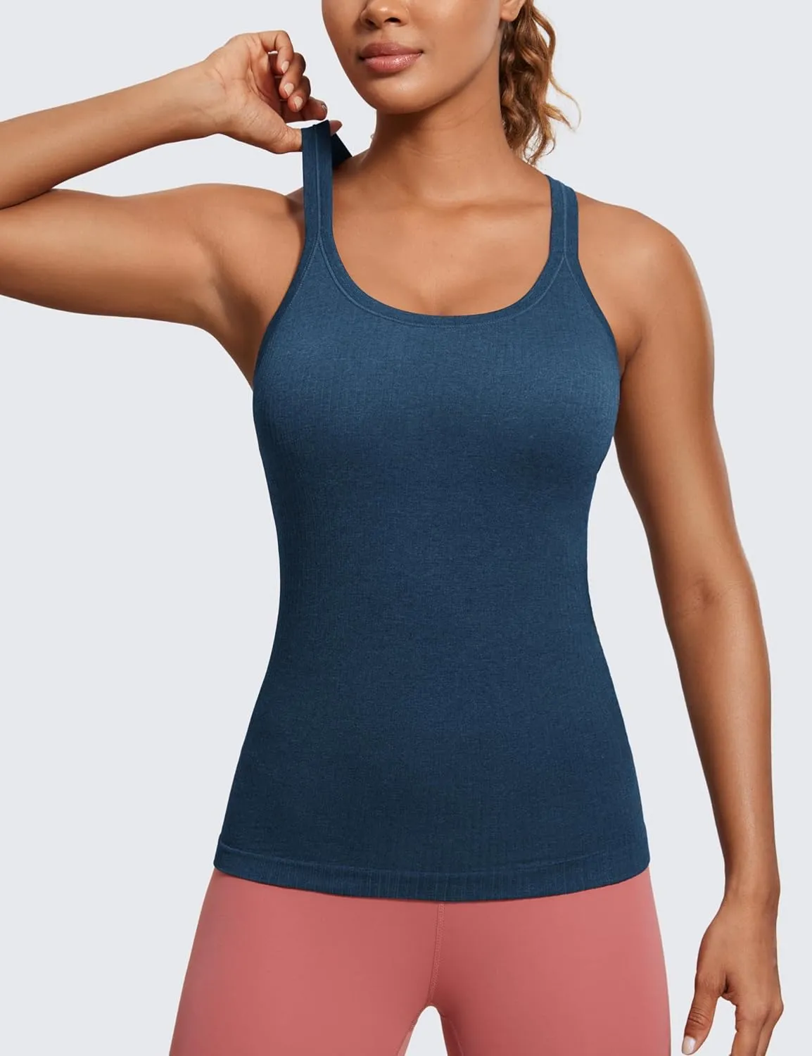 CRZ YOGA Womens Seamless Ribbed Racerback Tank Tops with Built in Bra - Padded Scoop Neck Slimming Athletic Long Camisole