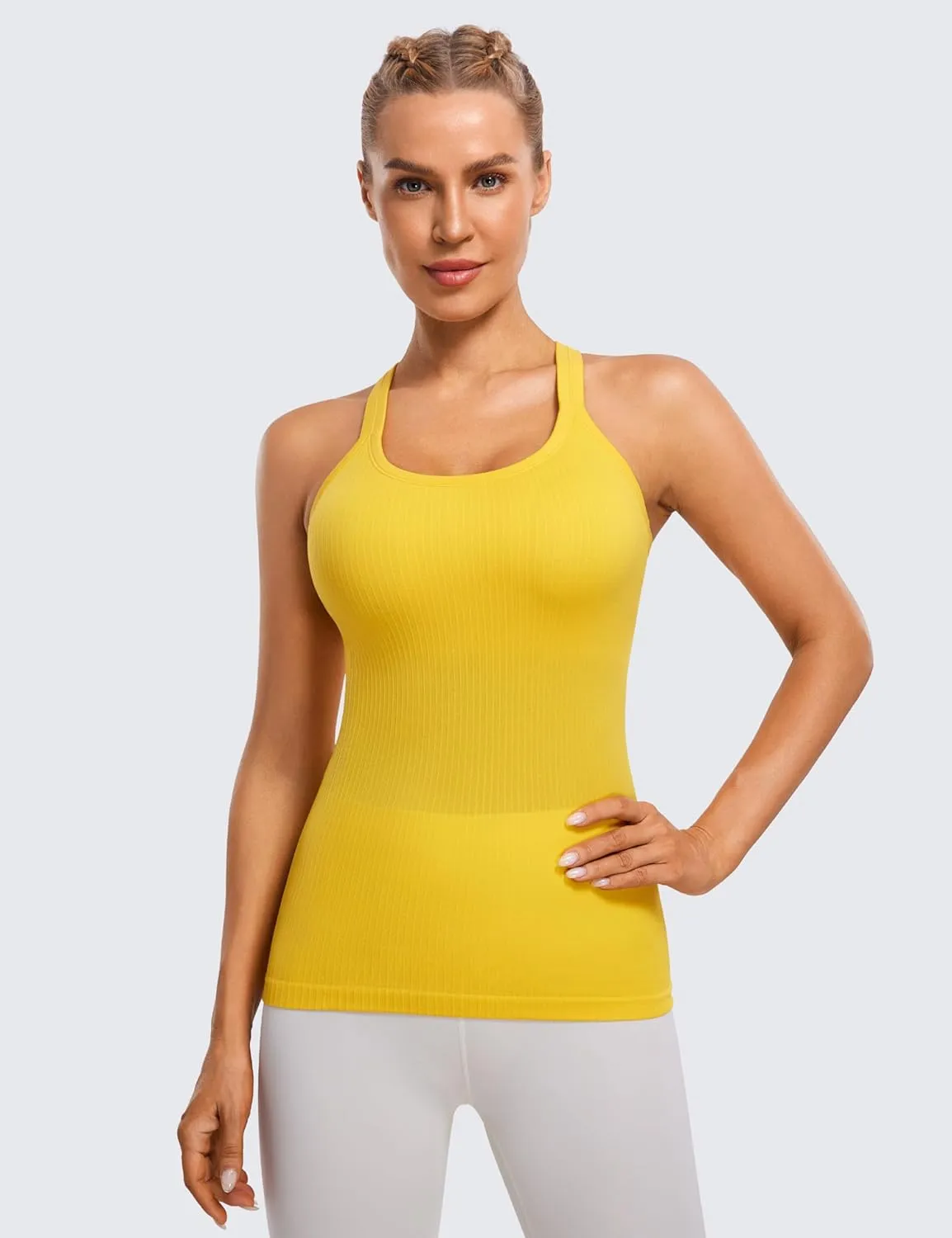 CRZ YOGA Womens Seamless Ribbed Racerback Tank Tops with Built in Bra - Padded Scoop Neck Slimming Athletic Long Camisole
