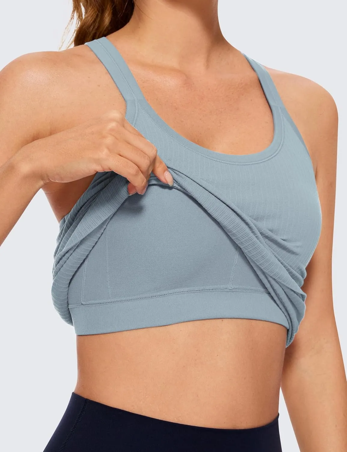 CRZ YOGA Womens Seamless Ribbed Racerback Tank Tops with Built in Bra - Padded Scoop Neck Slimming Athletic Long Camisole