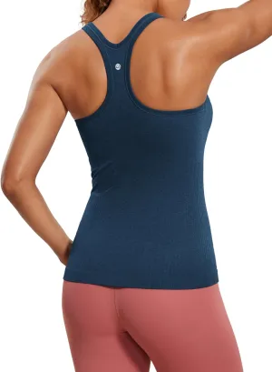 CRZ YOGA Womens Seamless Ribbed Racerback Tank Tops with Built in Bra - Padded Scoop Neck Slimming Athletic Long Camisole
