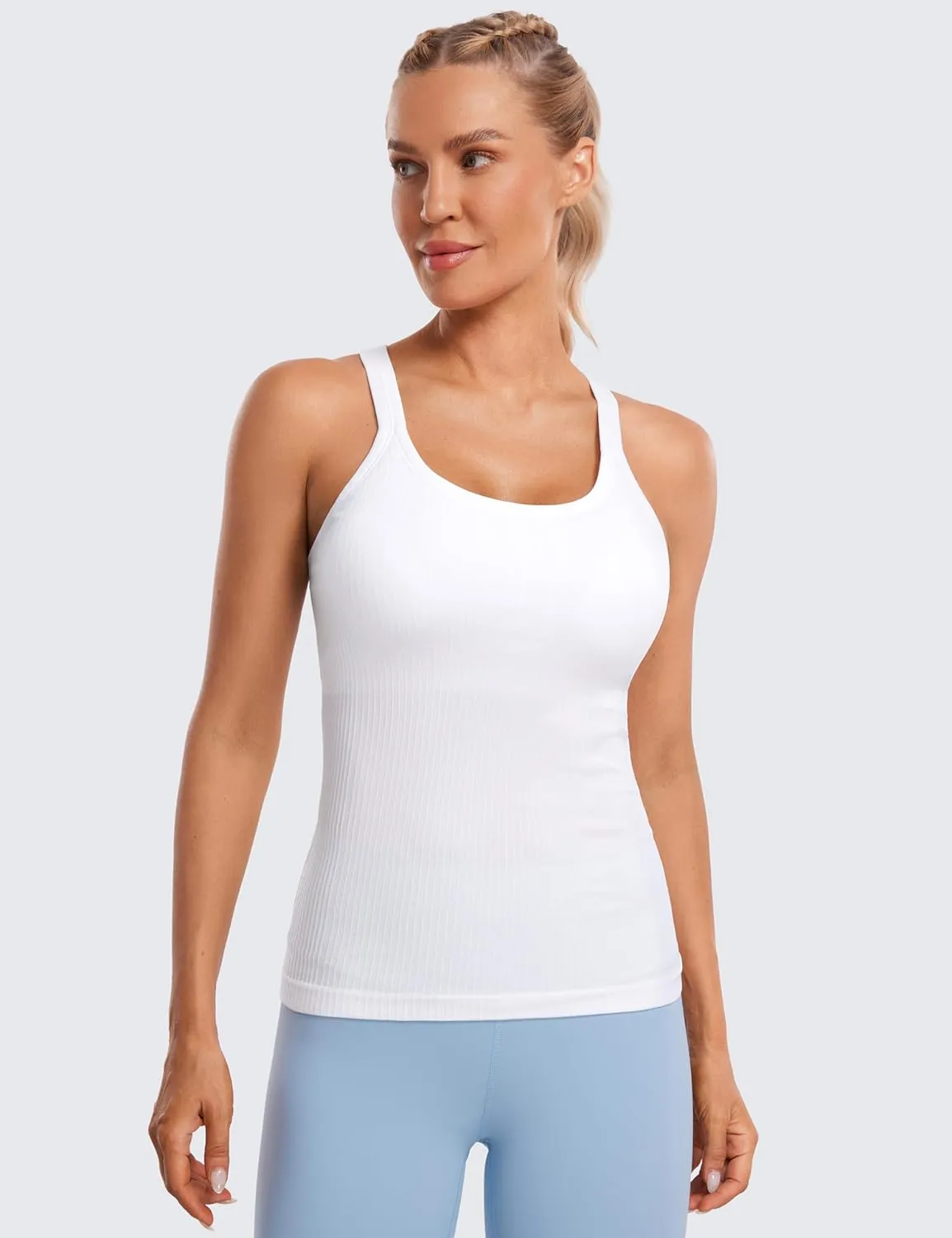 CRZ YOGA Womens Seamless Ribbed Racerback Tank Tops with Built in Bra - Padded Scoop Neck Slimming Athletic Long Camisole