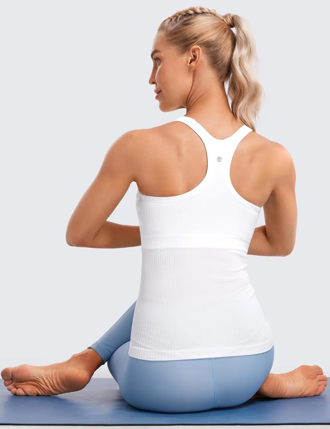CRZ YOGA Womens Seamless Ribbed Racerback Tank Tops with Built in Bra - Padded Scoop Neck Slimming Athletic Long Camisole