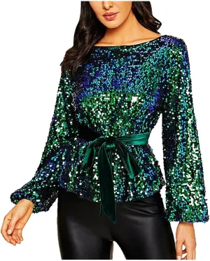 CTRLZS Womens Sequin Peplum Tops Sparkle Shimmer Elegant Sexy Evening Club Party Shirt Boat Neck Long Sleeve Ruffle Blouses