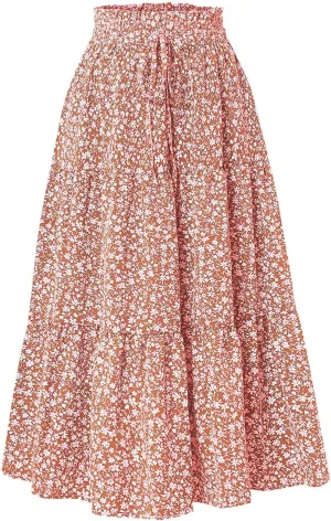 Cute Summer Floral Maxi Skirts for Women Boho Elastic High Waisted A-Line Skirts Fashion Flowy Swing Vacation Clothes