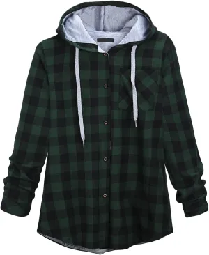 DGHM-JLMY Women Plaid Hooded Cardigan Top Jacket Long Sleeve Hoodie Jacket Button Down Blouse Tops Open Front Long Cardigan