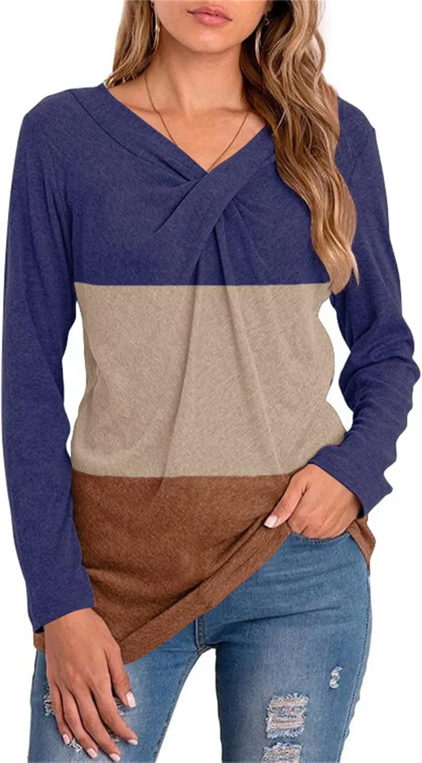 DGHM-JLMY Women's V-Neck Contrast Sweatshirt Fashion Long Sleeve Splicing Sweatshirts Tops Casual Pullover Hoodies