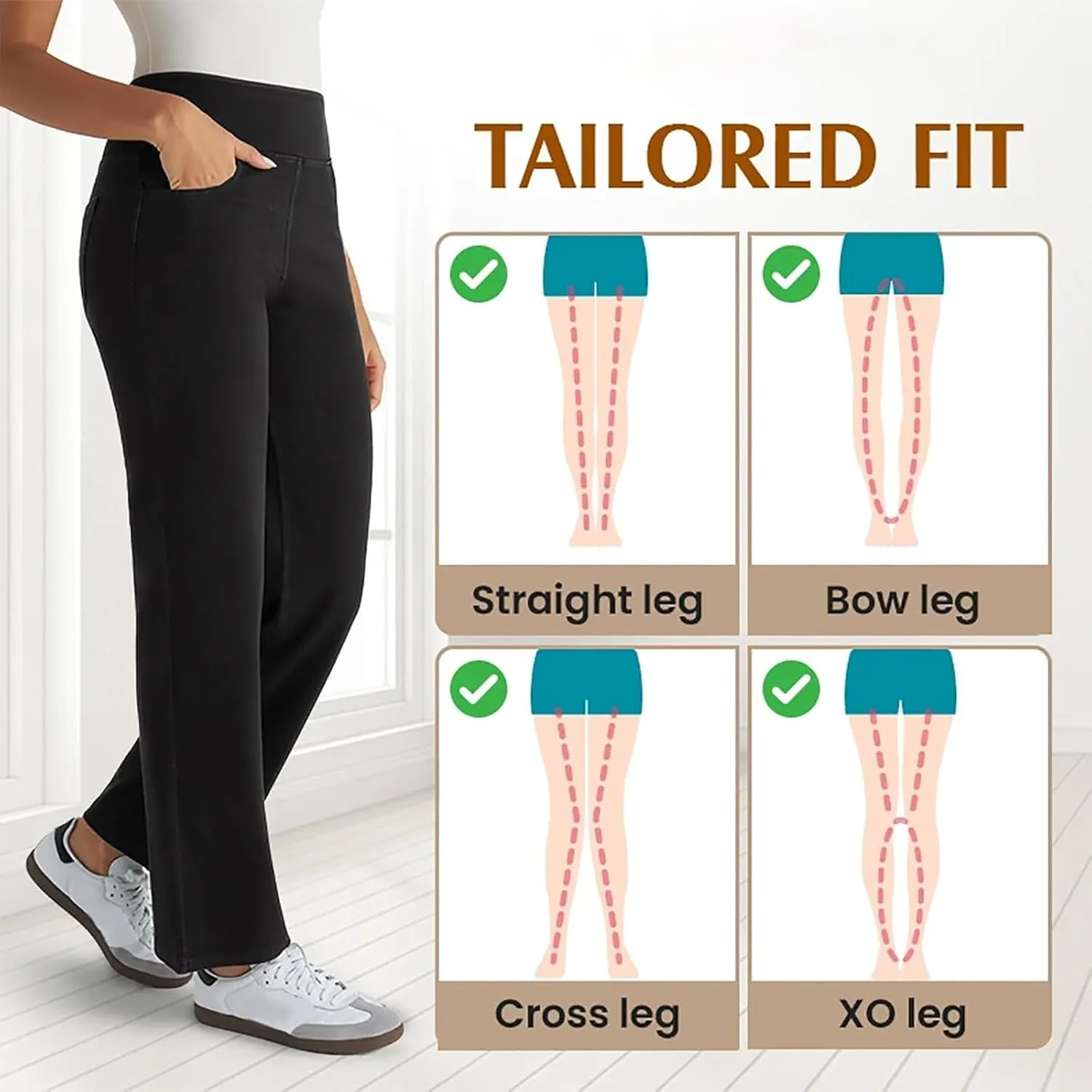 Easetrousers - High Waisted Multi-pocket Straight Leg Stretchy Pants Women's Casual Wide Leg Long Trousers